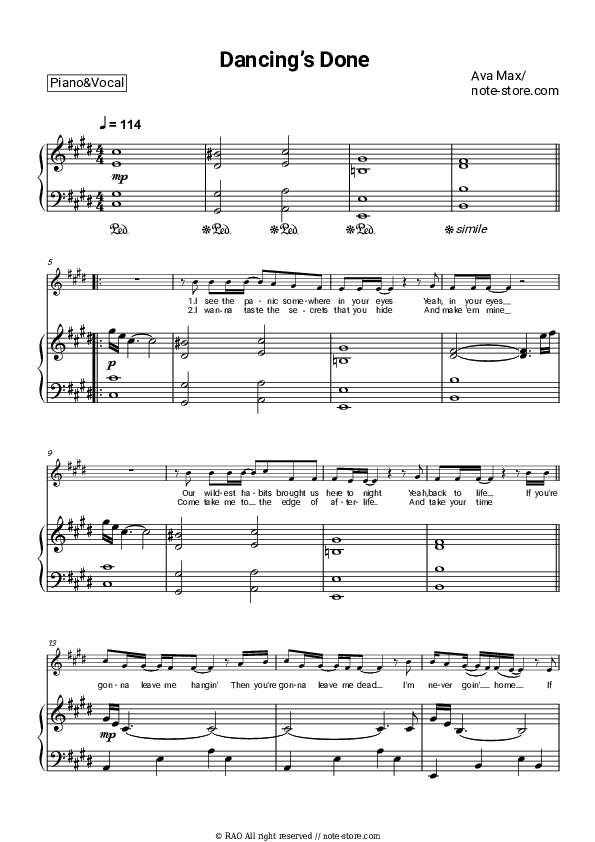 Dancing’s Done - Ava Max Piano Sheet Music with the Voice part - Piano&Vocal