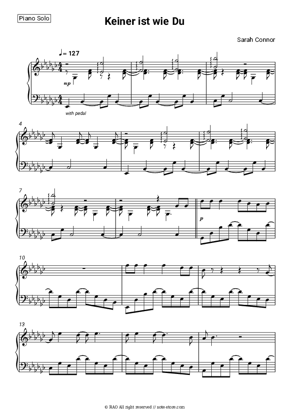 Keiner ist wie Du - Sarah Connor Piano Sheet Music - Piano.Solo