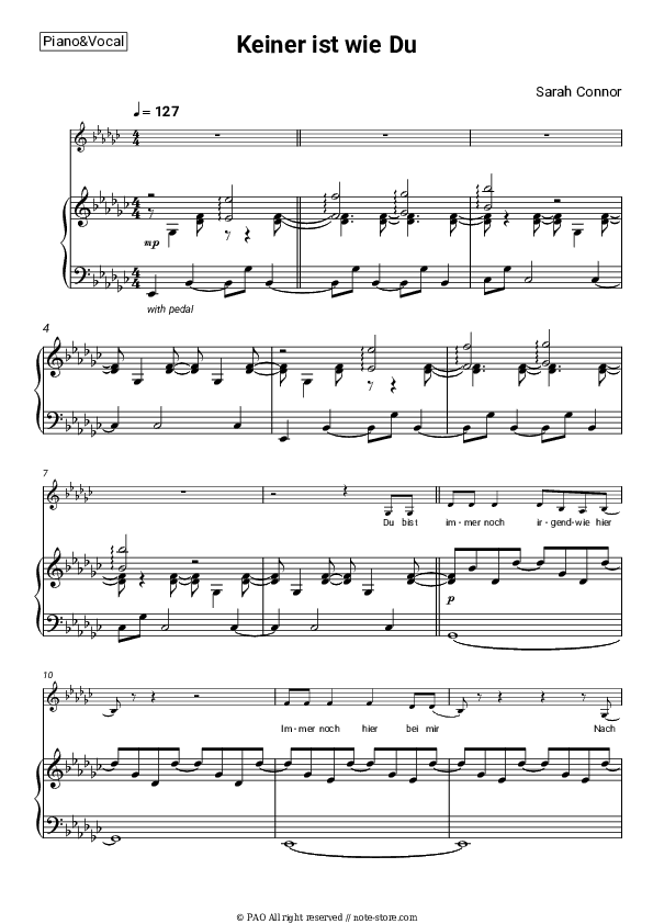 Keiner ist wie Du - Sarah Connor Piano Sheet Music with the Voice part - Piano&Vocal