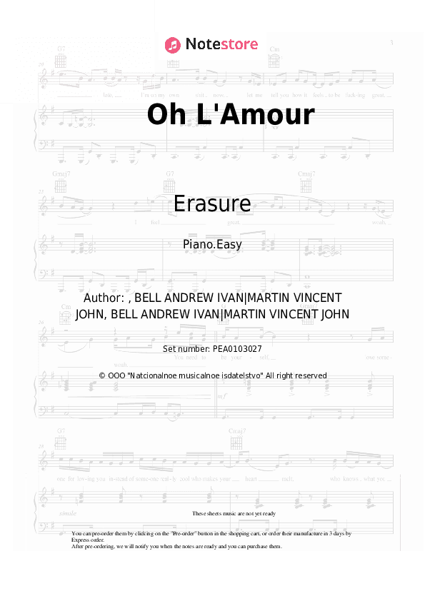 Oh L'Amour - Erasure Piano Sheet Music Easy - Piano.Easy