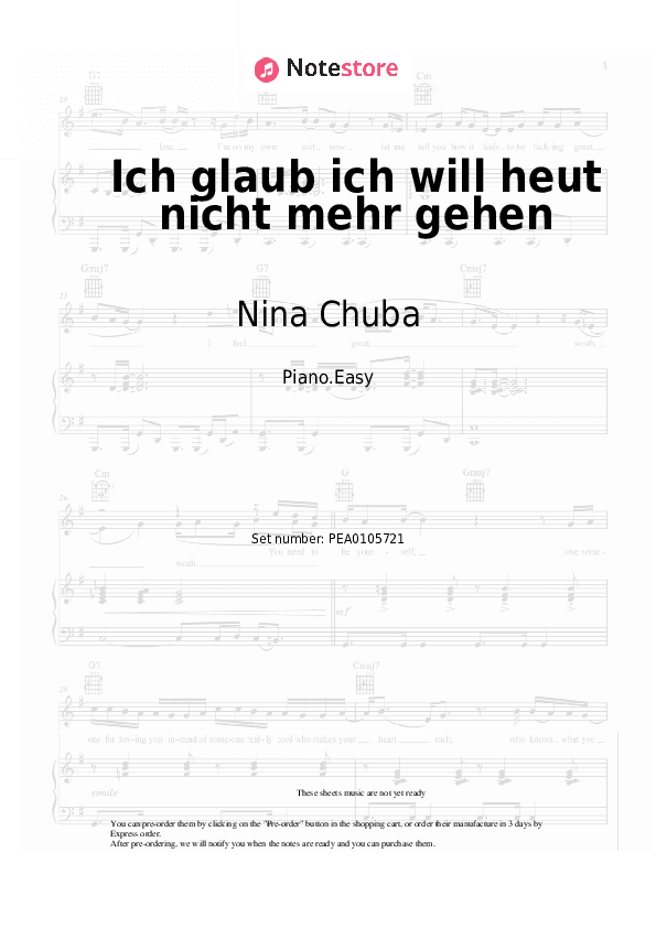 Ich glaub ich will heut nicht mehr gehen - Nina Chuba, Provinz Piano Sheet Music Easy - Piano.Easy