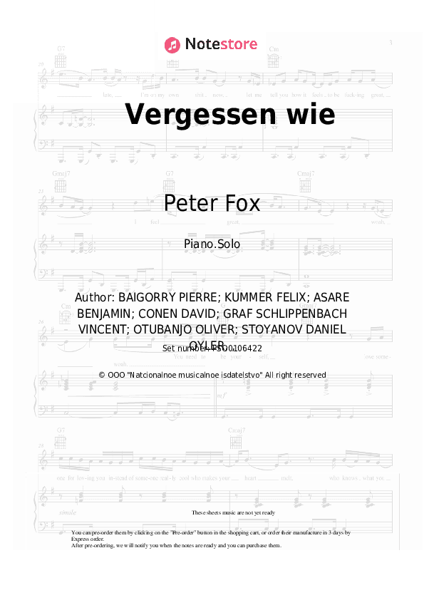 Vergessen wie - Peter Fox Piano Sheet Music - Piano.Solo
