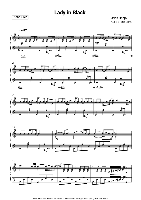 Lady In Black - Uriah Heep Piano Sheet Music - Piano.Solo