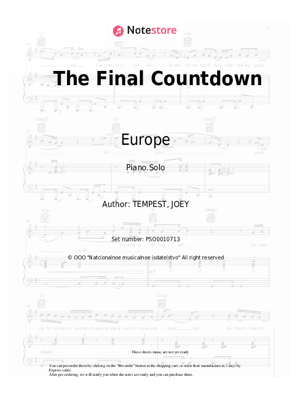 The Final Countdown - Europe Piano Sheet Music - Piano.Solo