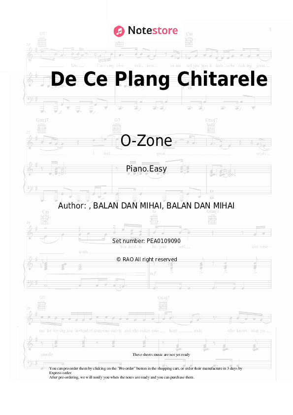De Ce Plang Chitarele - O-Zone Piano Sheet Music Easy - Piano.Easy