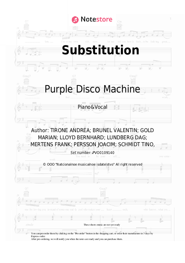 Substitution - Purple Disco Machine, Kungs Piano Sheet Music with the Voice part - Piano&Vocal