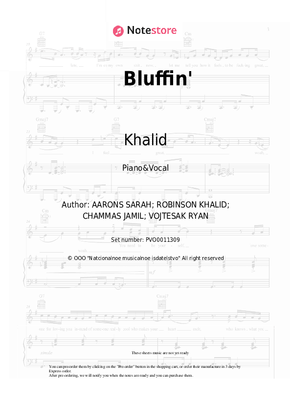 Bluffin' - Khalid Piano Sheet Music with the Voice part - Piano&Vocal