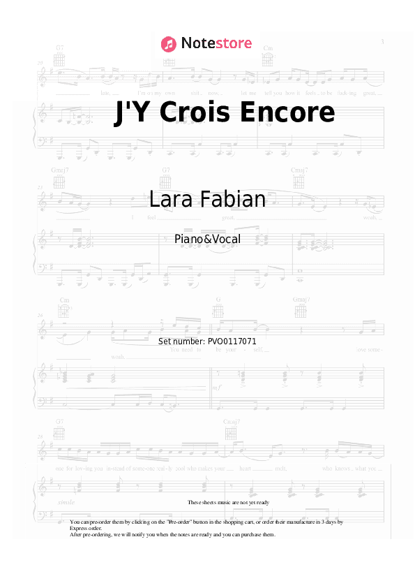 J'Y Crois Encore - Lara Fabian Piano Sheet Music with the Voice part - Piano&Vocal