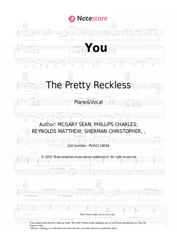 You - The Pretty Reckless Piano Sheet Music with the Voice part - Piano&Vocal