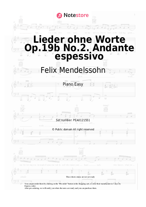 Lieder ohne Worte Op.19b No.2. Andante espessivo - Felix Mendelssohn Piano Sheet Music Easy - Piano.Easy