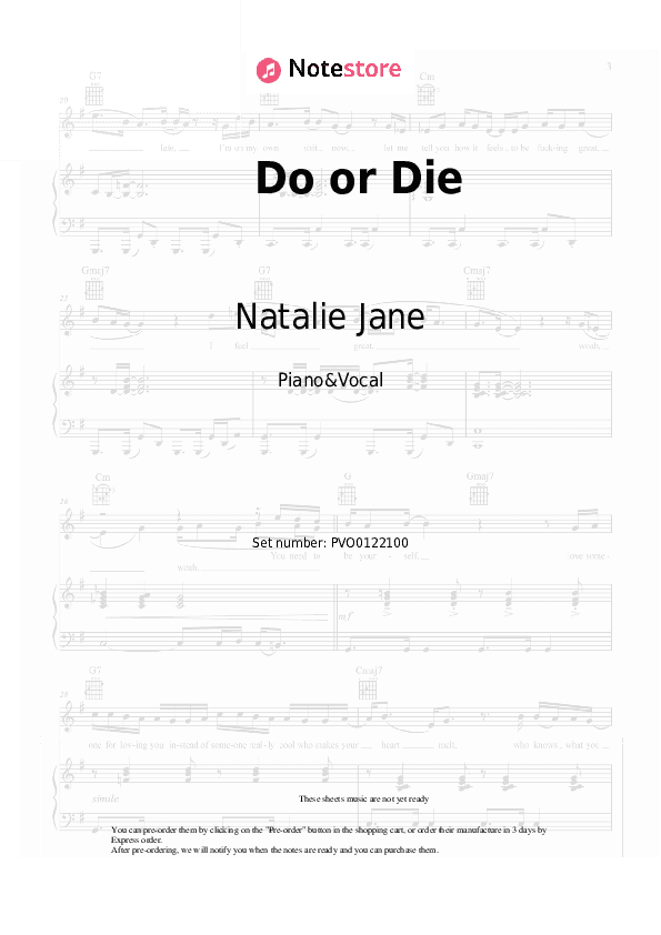 Do or Die - Natalie Jane Piano Sheet Music with the Voice part - Piano&Vocal