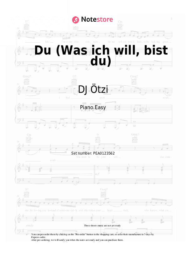Du (Was ich will, bist du) - DJ Ötzi Piano Sheet Music Easy - Piano.Easy