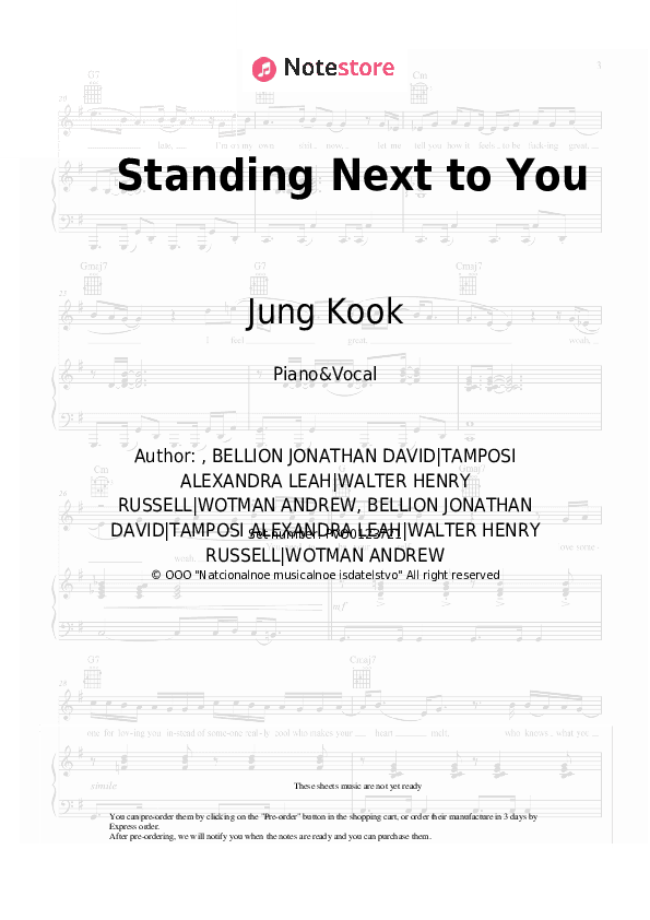 Standing Next to You - Jung Kook Piano Sheet Music with the Voice part - Piano&Vocal