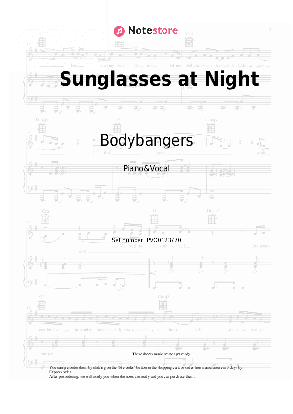 Sunglasses at Night - Bodybangers Piano Sheet Music with the Voice part - Piano&Vocal