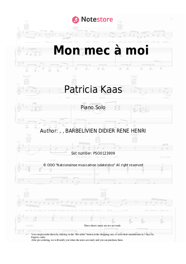 Mon mec à moi - Patricia Kaas Piano Sheet Music - Piano.Solo