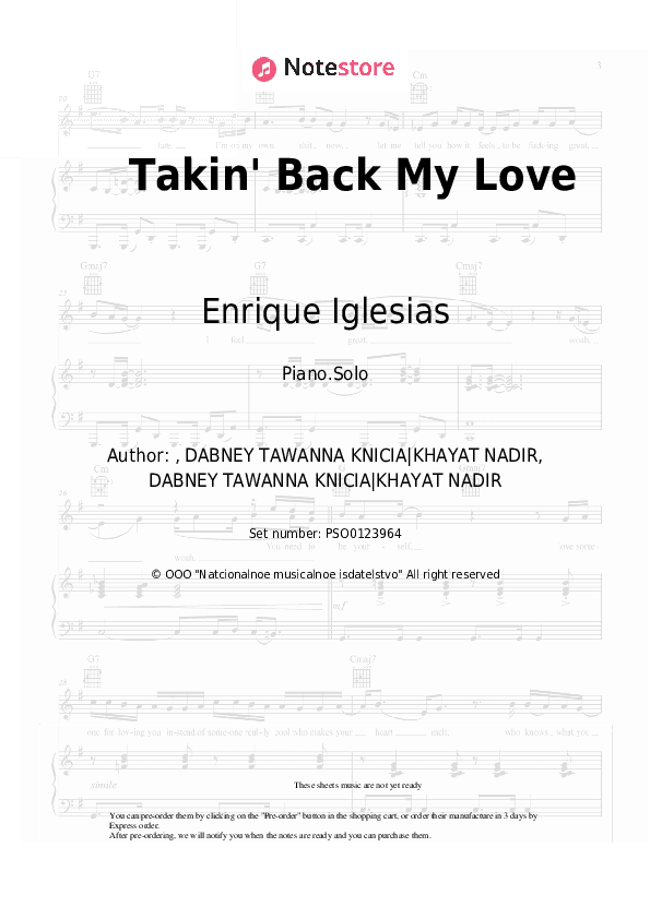 Takin' Back My Love - Enrique Iglesias, Ciara Piano Sheet Music - Piano.Solo