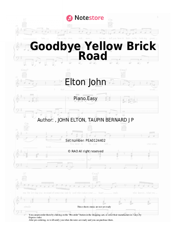 Goodbye Yellow Brick Road - Elton John Piano Sheet Music Easy - Piano.Easy