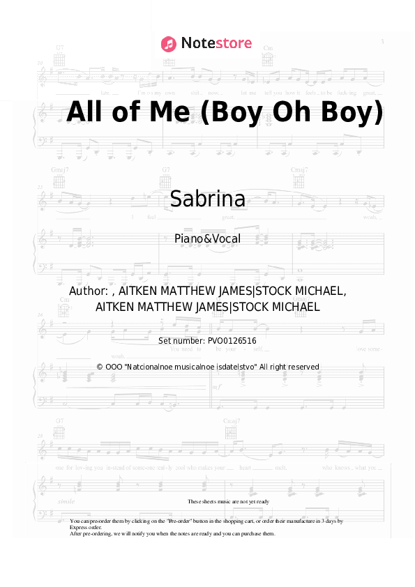All of Me (Boy Oh Boy) - Sabrina Piano Sheet Music with the Voice part - Piano&Vocal