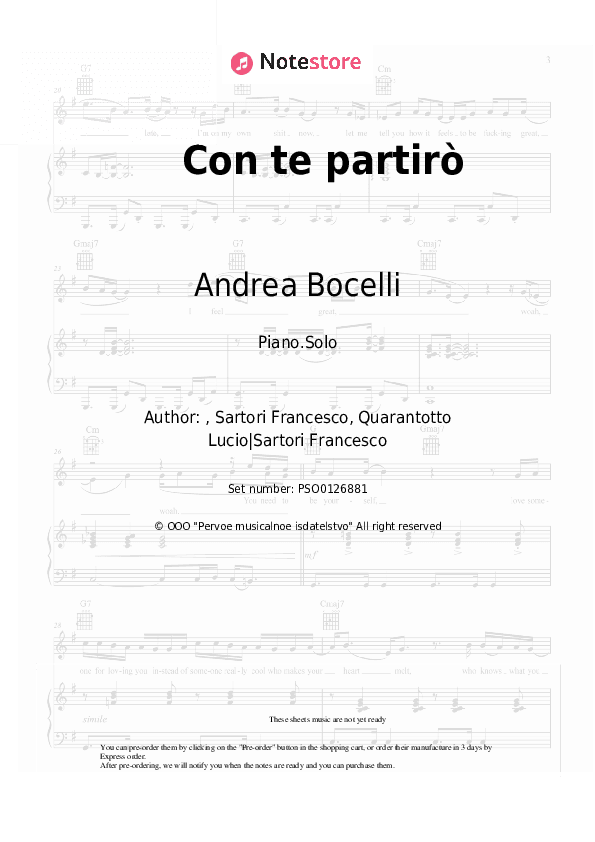 Con te partirò - Andrea Bocelli Piano Sheet Music - Piano.Solo