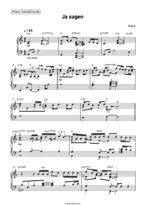Ja sagen - Hava Piano Sheet Music and Chords - Piano.Solo&Chords