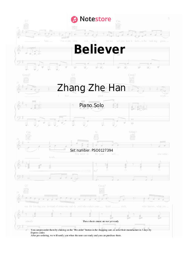 Believer - Zhang Zhe Han Piano Sheet Music - Piano.Solo