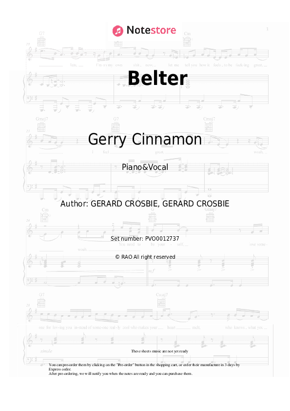 Belter - Gerry Cinnamon Piano Sheet Music with the Voice part - Piano&Vocal