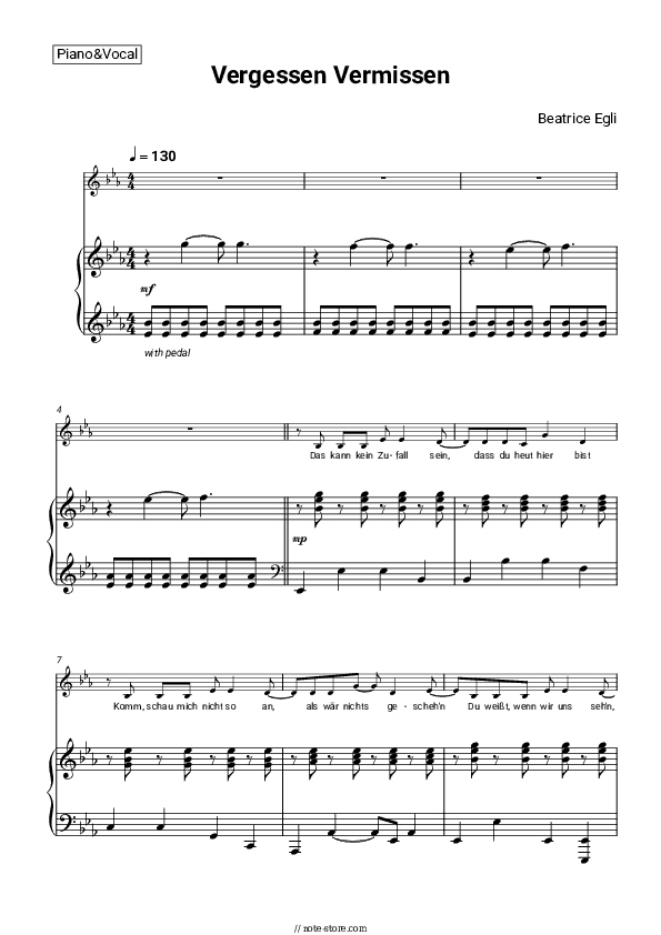 Vergessen Vermissen - Beatrice Egli Piano Sheet Music with the Voice part - Piano&Vocal