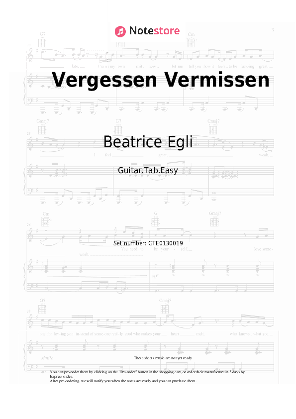 Vergessen Vermissen - Beatrice Egli Tabs Easy - Guitar.Tab.Easy