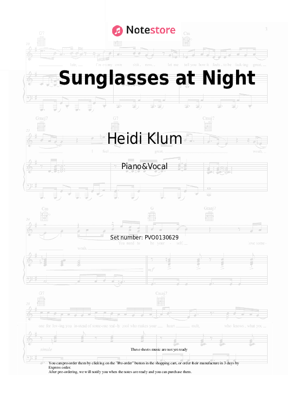 Sunglasses at Night - Heidi Klum Piano Sheet Music with the Voice part - Piano&Vocal
