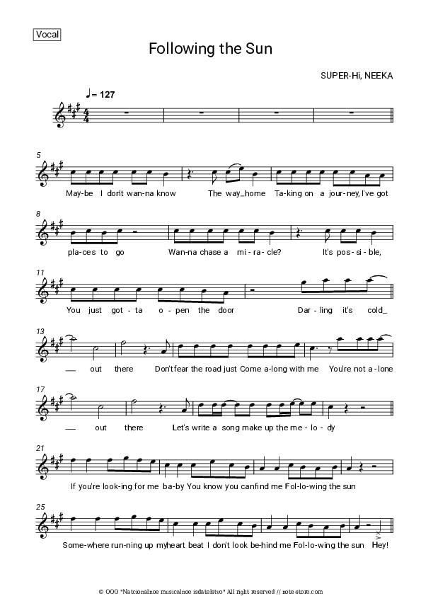 Following the Sun - SUPER-Hi, Neeka Vocal Sheet Music - Vocal