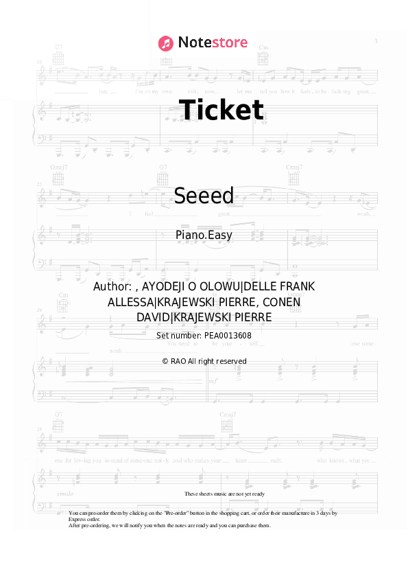 Ticket - Seeed Piano Sheet Music Easy - Piano.Easy