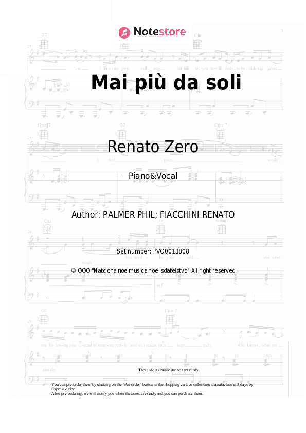 Mai più da soli - Renato Zero Piano Sheet Music with the Voice part - Piano&Vocal