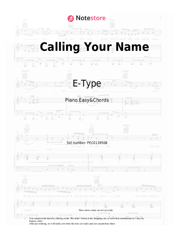 Calling Your Name - E-Type Sheet Music Easy and Chords - Piano.Easy&Chords