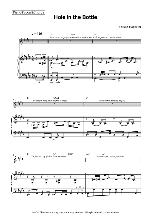 Hole in the Bottle - Kelsea Ballerini Piano Sheet Music with the Vocal and Chords - Piano&Vocal&Chords