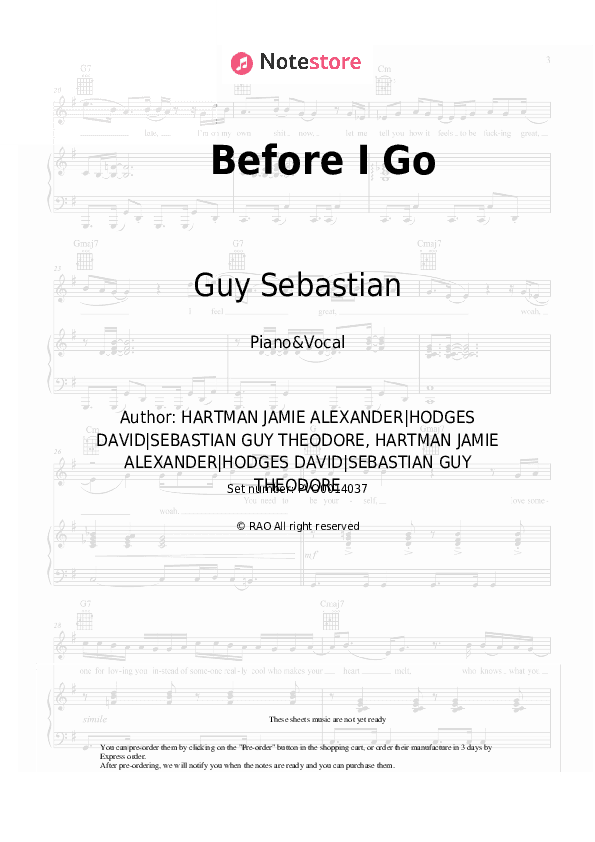 Before I Go - Guy Sebastian Piano Sheet Music with the Voice part - Piano&Vocal