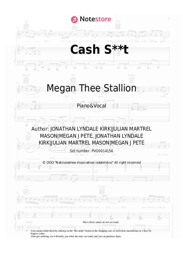 Cash S**t - Megan Thee Stallion, DaBaby Piano Sheet Music with the Voice part - Piano&Vocal