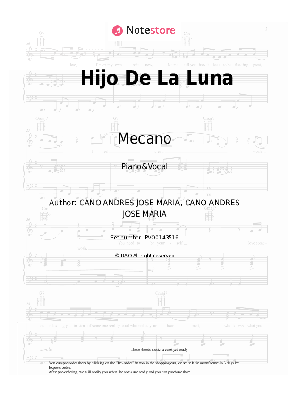 Hijo De La Luna - Mecano Piano Sheet Music with the Voice part - Piano&Vocal