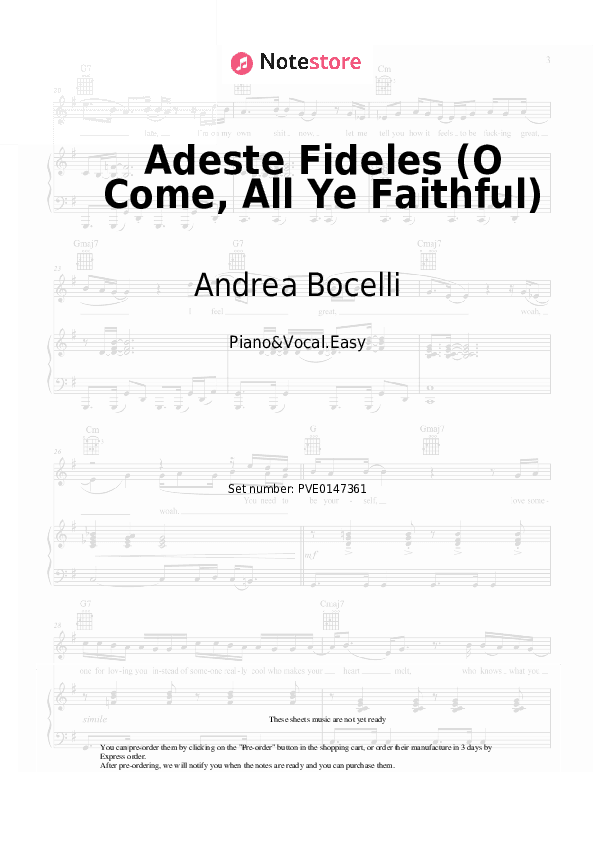 Adeste Fideles (O Come, All Ye Faithful) - Andrea Bocelli Piano Sheet Music Easy and Vocal - Piano&Vocal.Easy
