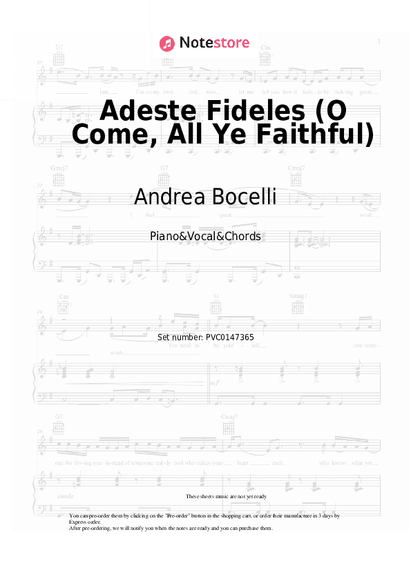 Adeste Fideles (O Come, All Ye Faithful) - Andrea Bocelli Piano Sheet Music with the Vocal and Chords - Piano&Vocal&Chords