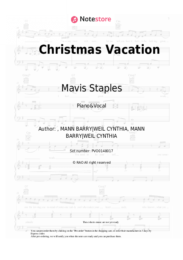Christmas Vacation - Mavis Staples Piano Sheet Music with the Voice part - Piano&Vocal