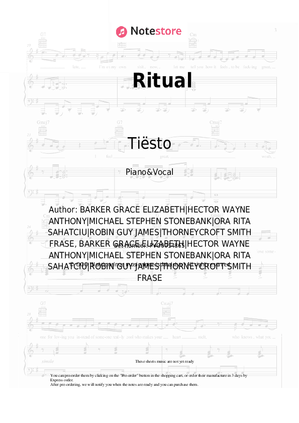 Ritual - Tiësto, Jonas Blue, Rita Ora Piano Sheet Music with the Voice part - Piano&Vocal