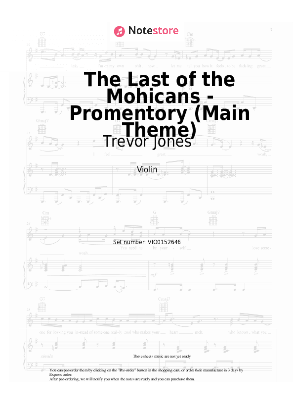 The Last of the Mohicans - Promentory (Main Theme) - Trevor Jones Violin Sheet Music - Violin