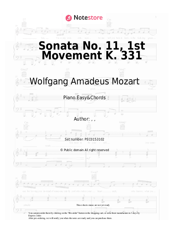 Sonata No. 11, 1st Movement K. 331 - Wolfgang Amadeus Mozart Sheet Music Easy and Chords - Piano.Easy&Chords