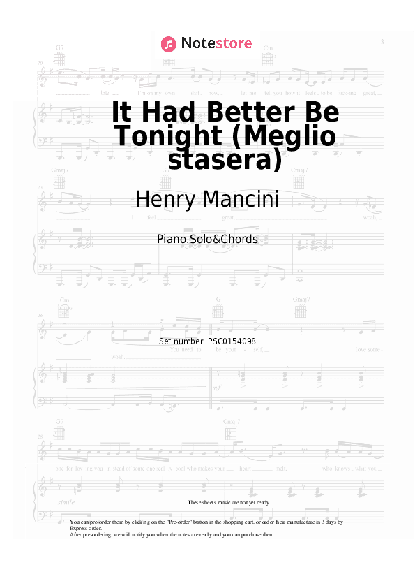 It Had Better Be Tonight (Meglio stasera) - Henry Mancini Piano Sheet Music and Chords - Piano.Solo&Chords