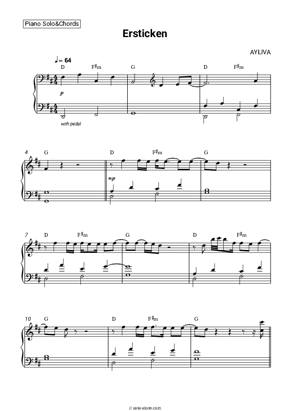 Ersticken - AYLIVA Piano Sheet Music and Chords - Piano.Solo&Chords