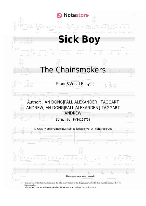 Sick Boy - The Chainsmokers Piano Sheet Music Easy and Vocal - Piano&Vocal.Easy