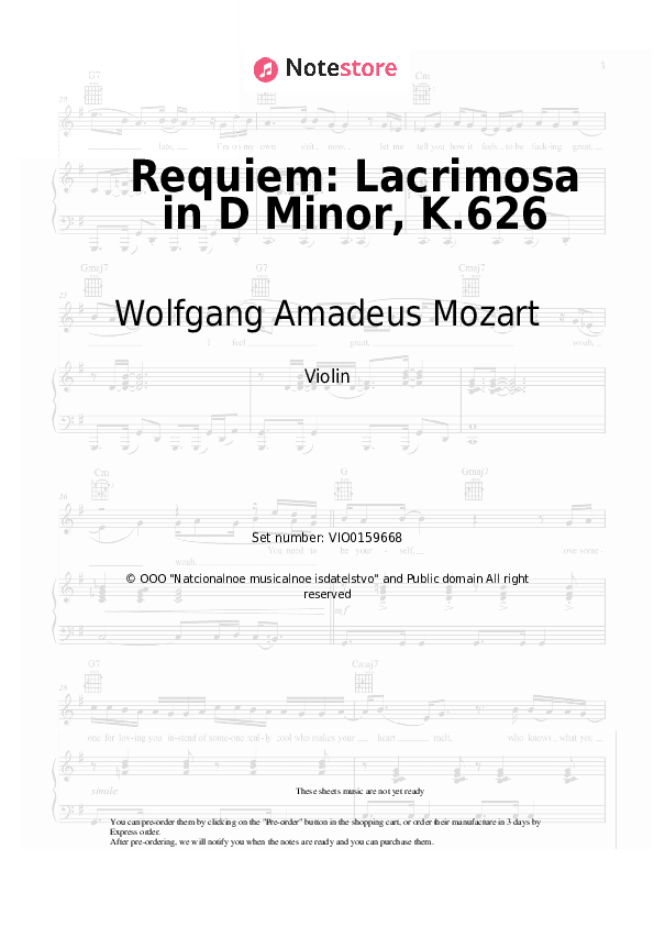 Requiem: Lacrimosa in D Minor, K.626 - Wolfgang Amadeus Mozart Violin Sheet Music - Violin