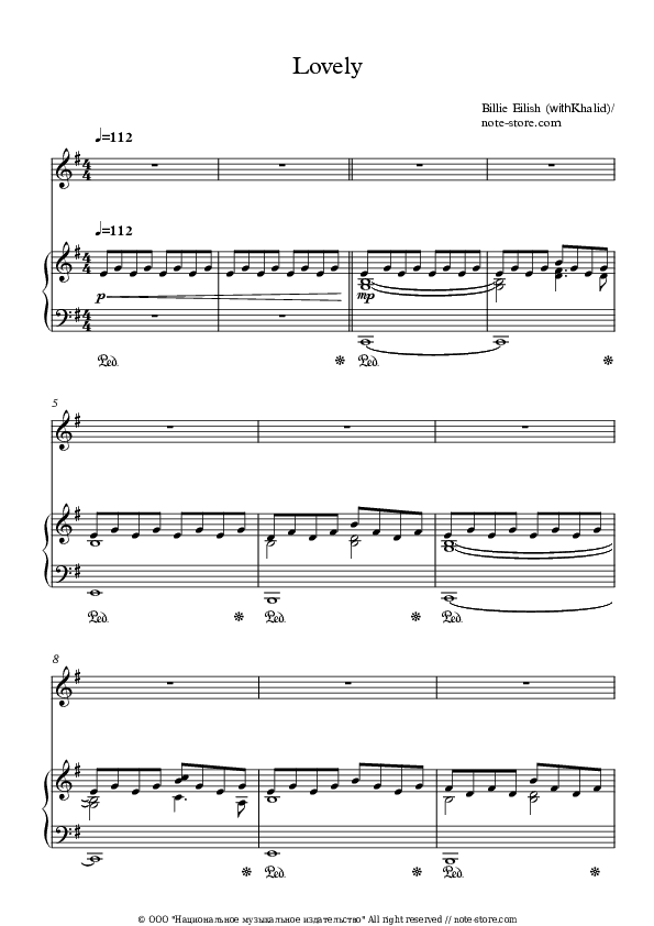 Lovely - Billie Eilish, Khalid Piano Sheet Music with the Voice part - Piano&Vocal