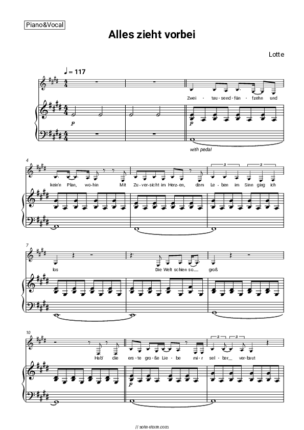 Alles zieht vorbei - LOTTE Piano Sheet Music with the Voice part - Piano&Vocal