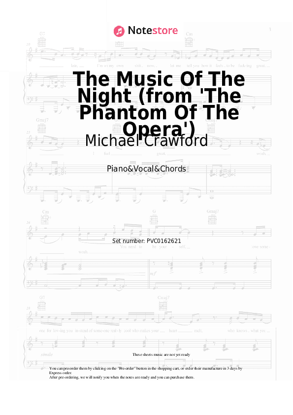 The Music Of The Night (from 'The Phantom Of The Opera') - Michael Crawford, Andrew Lloyd Webber Piano Sheet Music with the Vocal and Chords - Piano&Vocal&Chords
